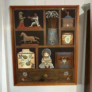 Vintage Huntington Folk Art  Oil On Canvas Shadow Box Scene 27”x33”